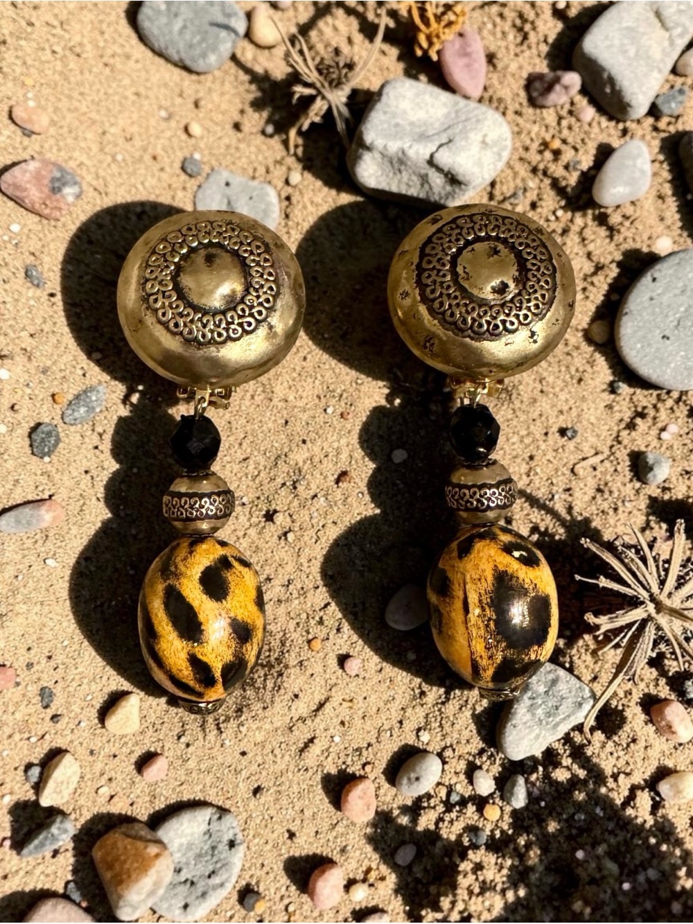 Vintage Brass Brown & Yellow Leopard Drop Clip On Statement Earrings